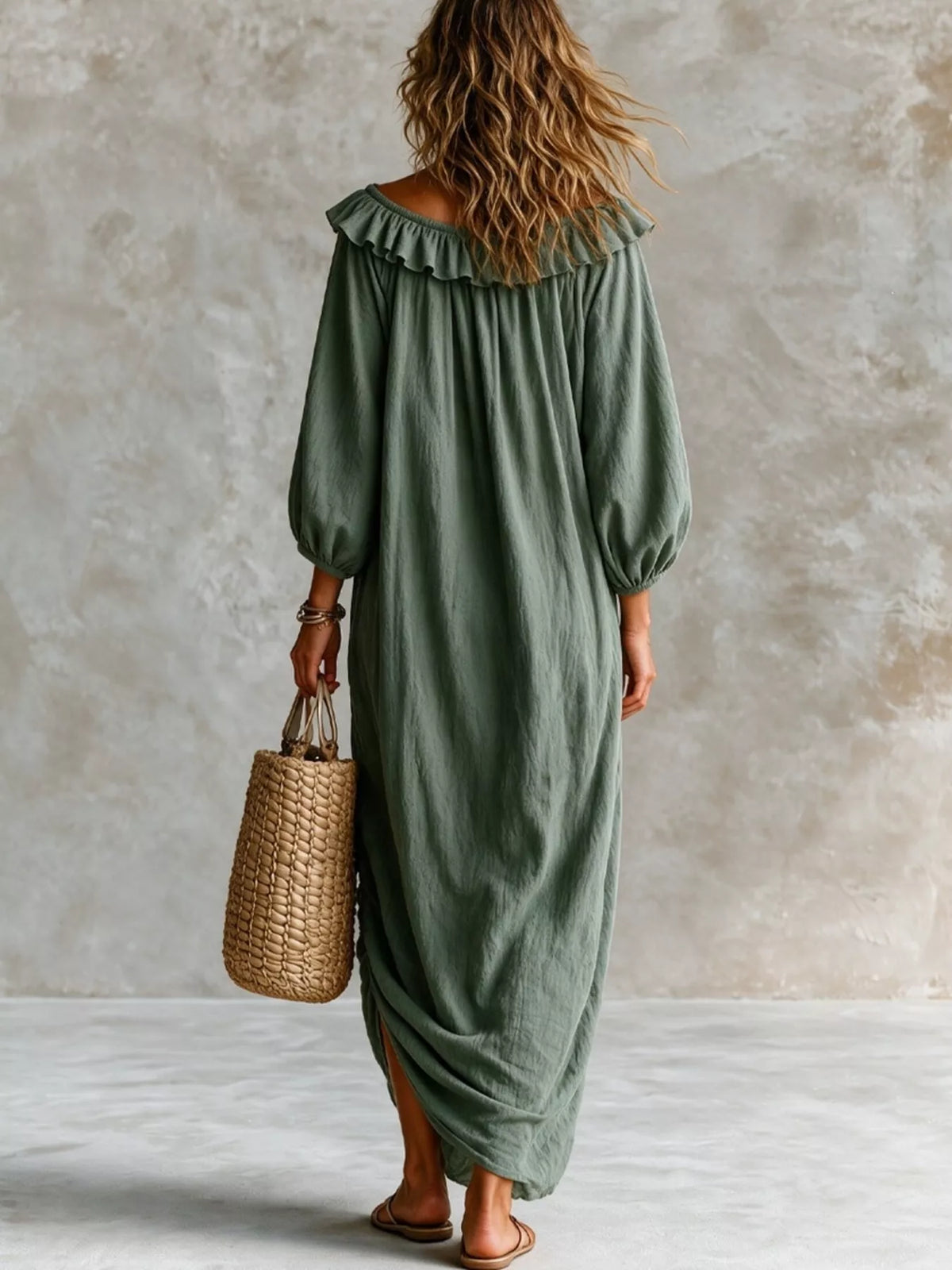 Ruffled Boat Neck Ruched Midi Dress (8)