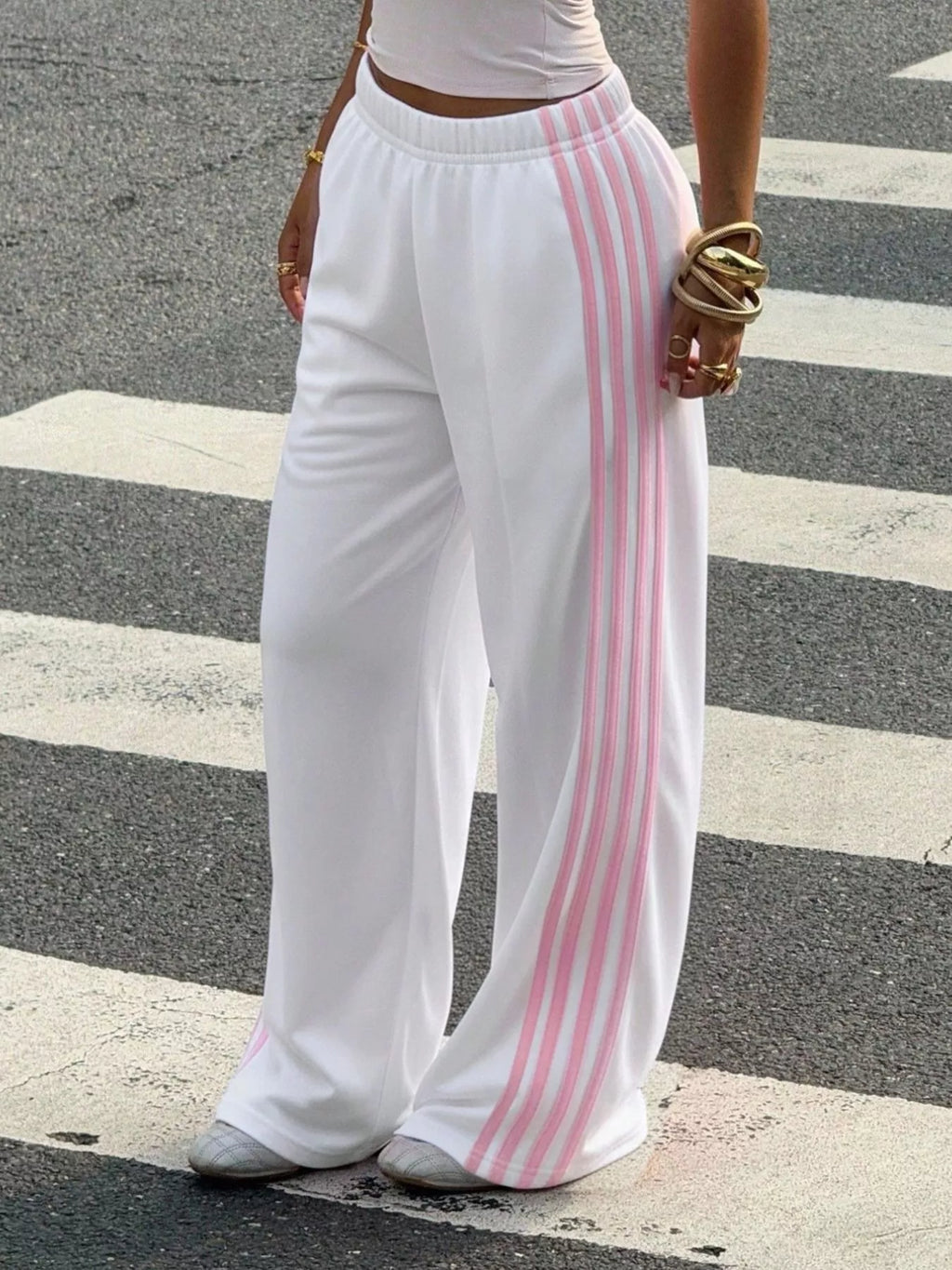 High-waisted Wide-leg Track Pants Side Stripes (18)