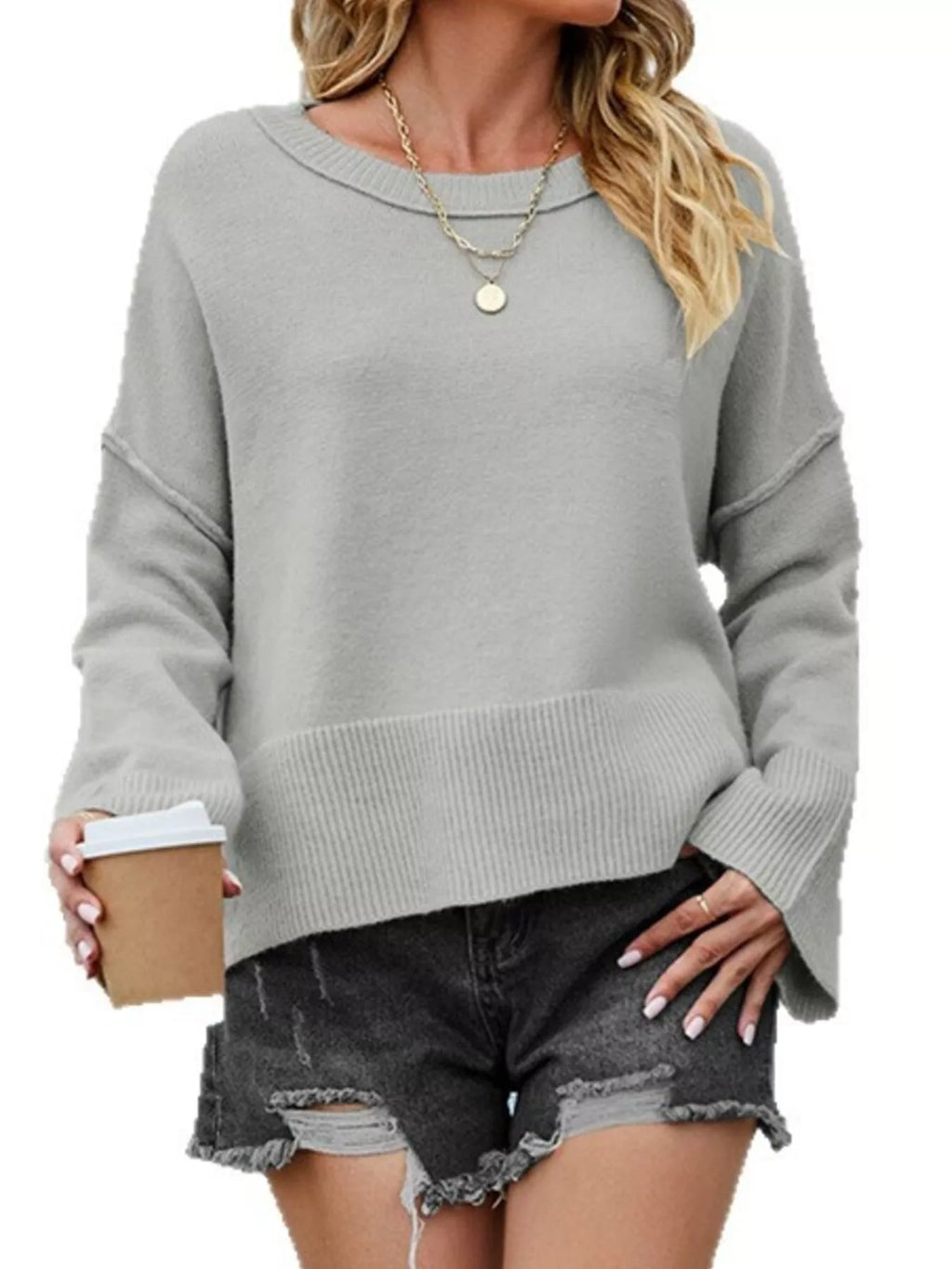 Dropped Shoulder Flare Sleeve Sweater (9)
