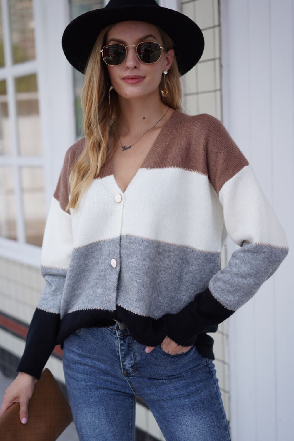 Block V-neck Button Down Cardigan (6)
