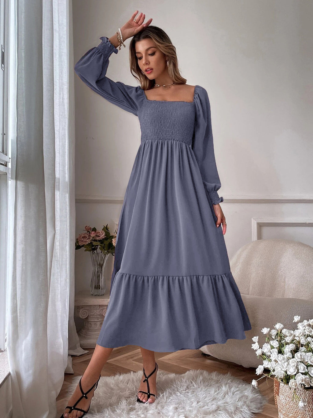 Smocked Long Sleeve Midi Dress (13)