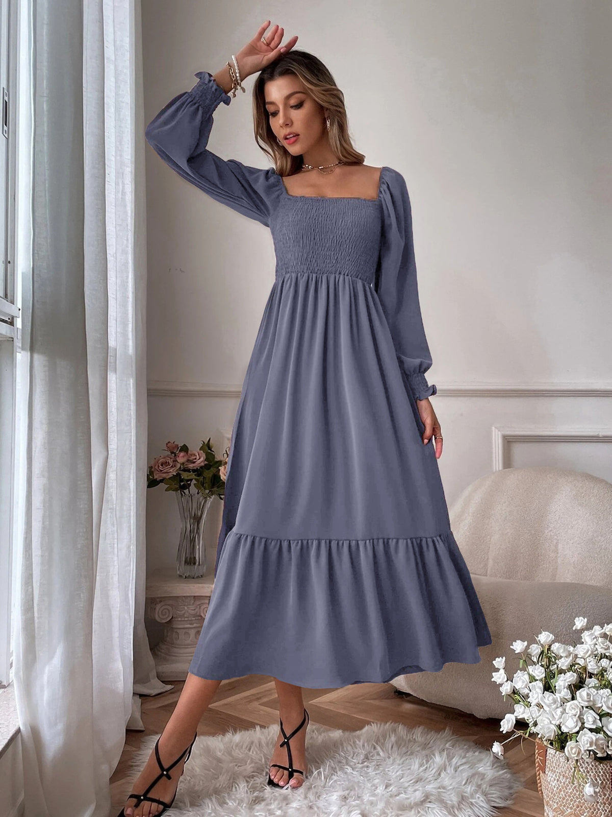 Smocked Long Sleeve Midi Dress (13)