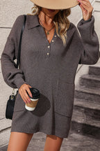 Collared Neck Long Sleeve Sweater Dress Pockets (3)