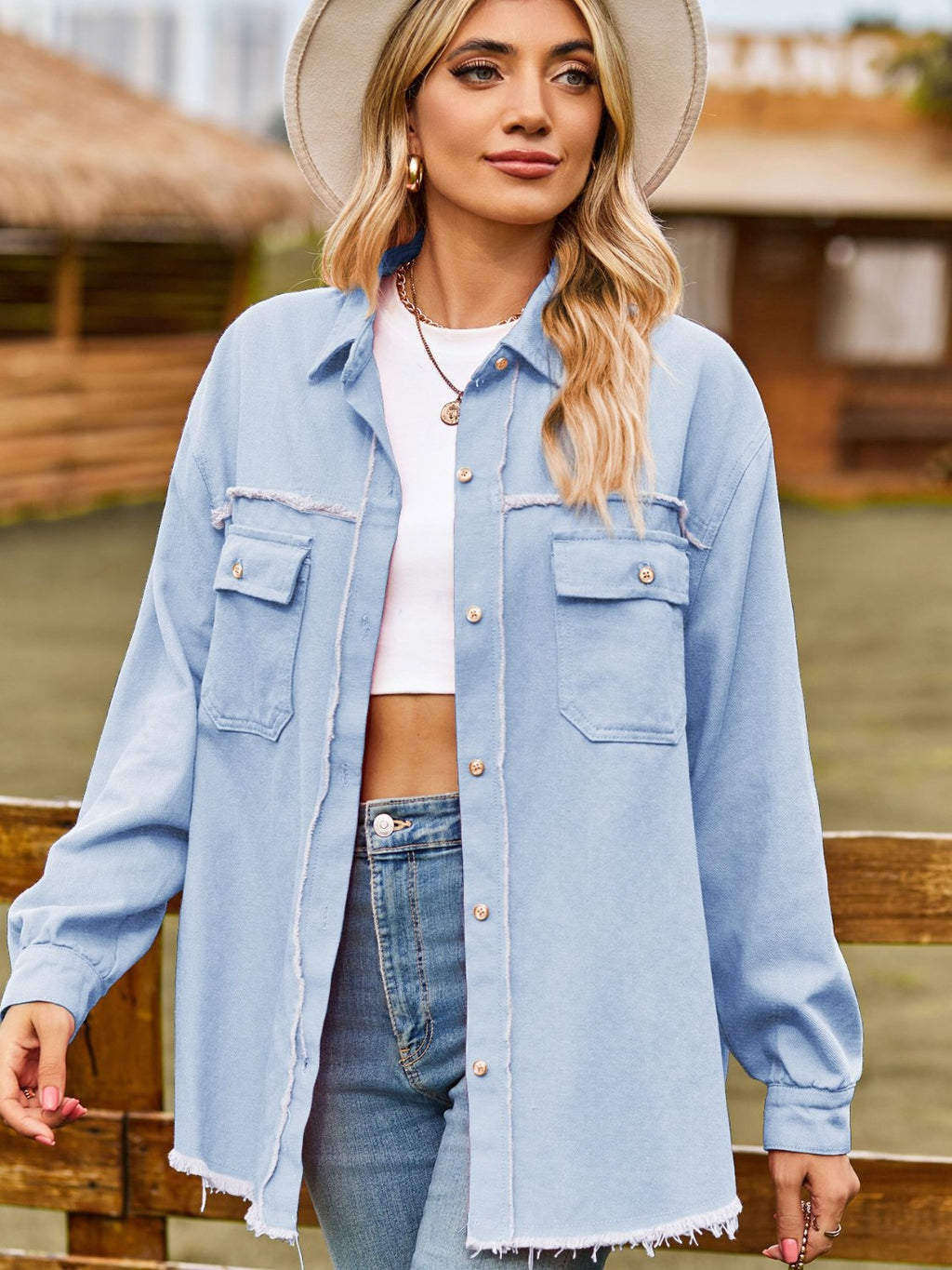 Button Up Collared Neck Raw Hem Denim Top (14)