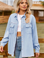 Button Up Collared Neck Raw Hem Denim Top (14)