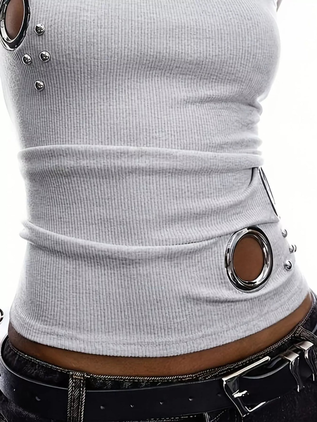 Ribbed Tank Top Metal Grommet Cutouts Stud Embellishments (6)