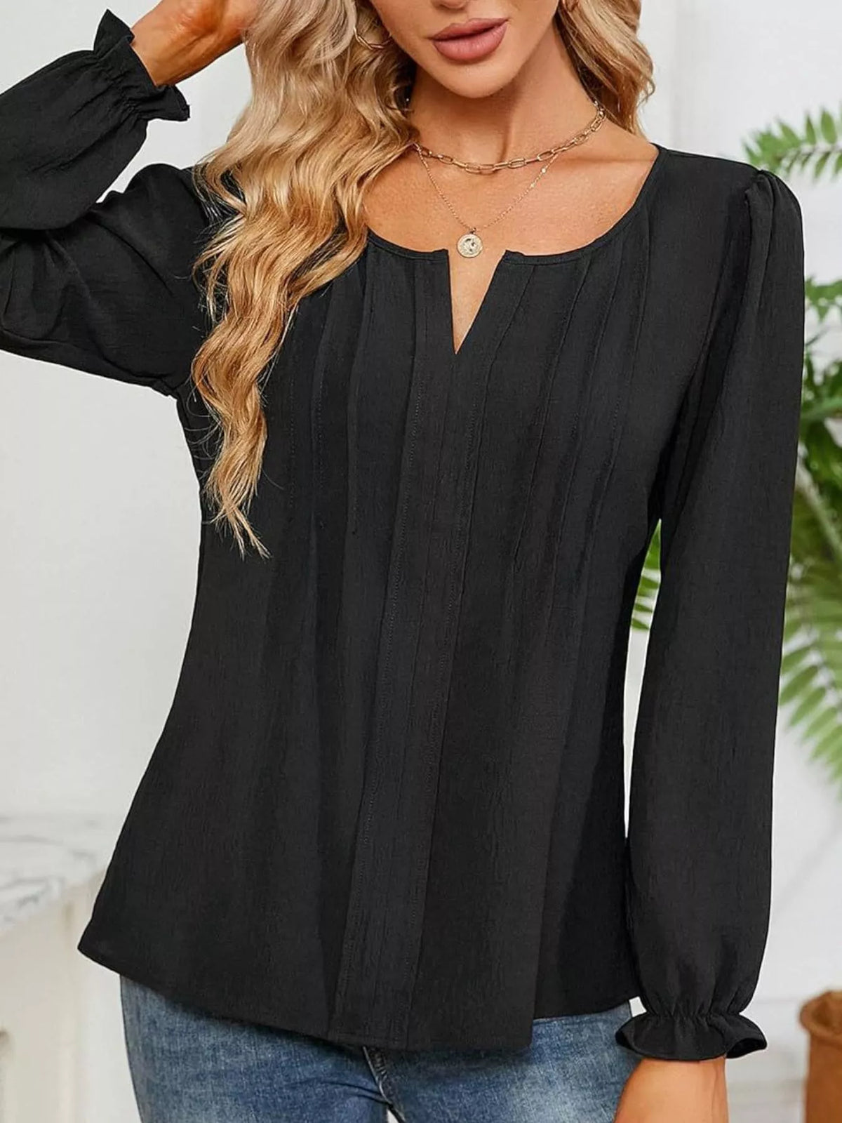 Notched Ruffle Cuff Blouse (14)