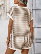 Striped Casual Round Neck Top Shorts Set (19)