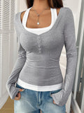 Scoop Neck Long Sleeve Fake Two-piece T-shirt