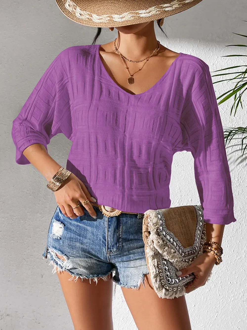 V-neck Three-quarter Sleeve Knit Top (7)