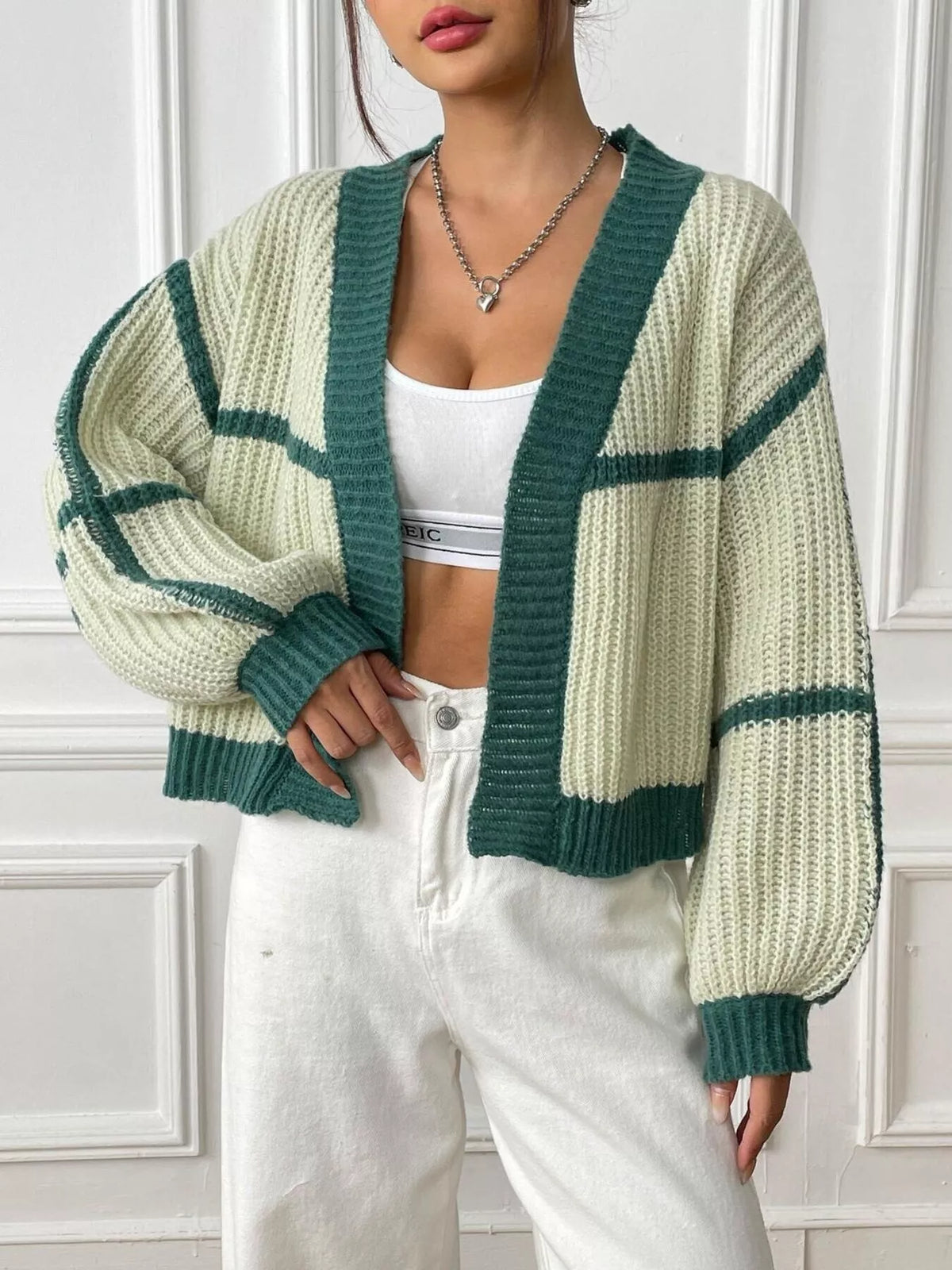 Color-block Ribbed Knit Open-front Cropped Cardigan (5)