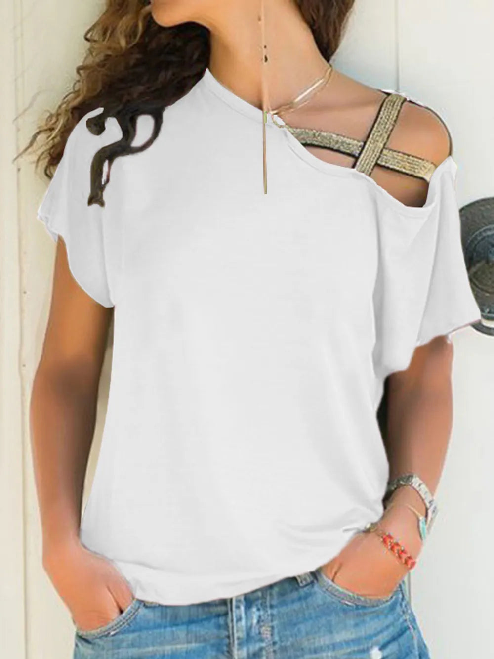 Asymmetrical Neck Short Sleeve T-shirt (5)