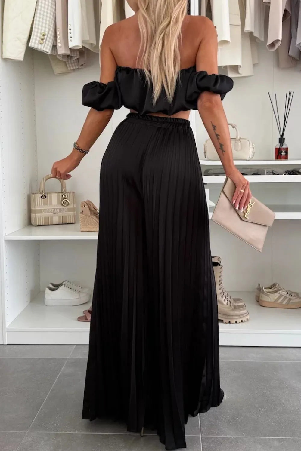 Off-shoulder Top Pleated Pants Set (6)