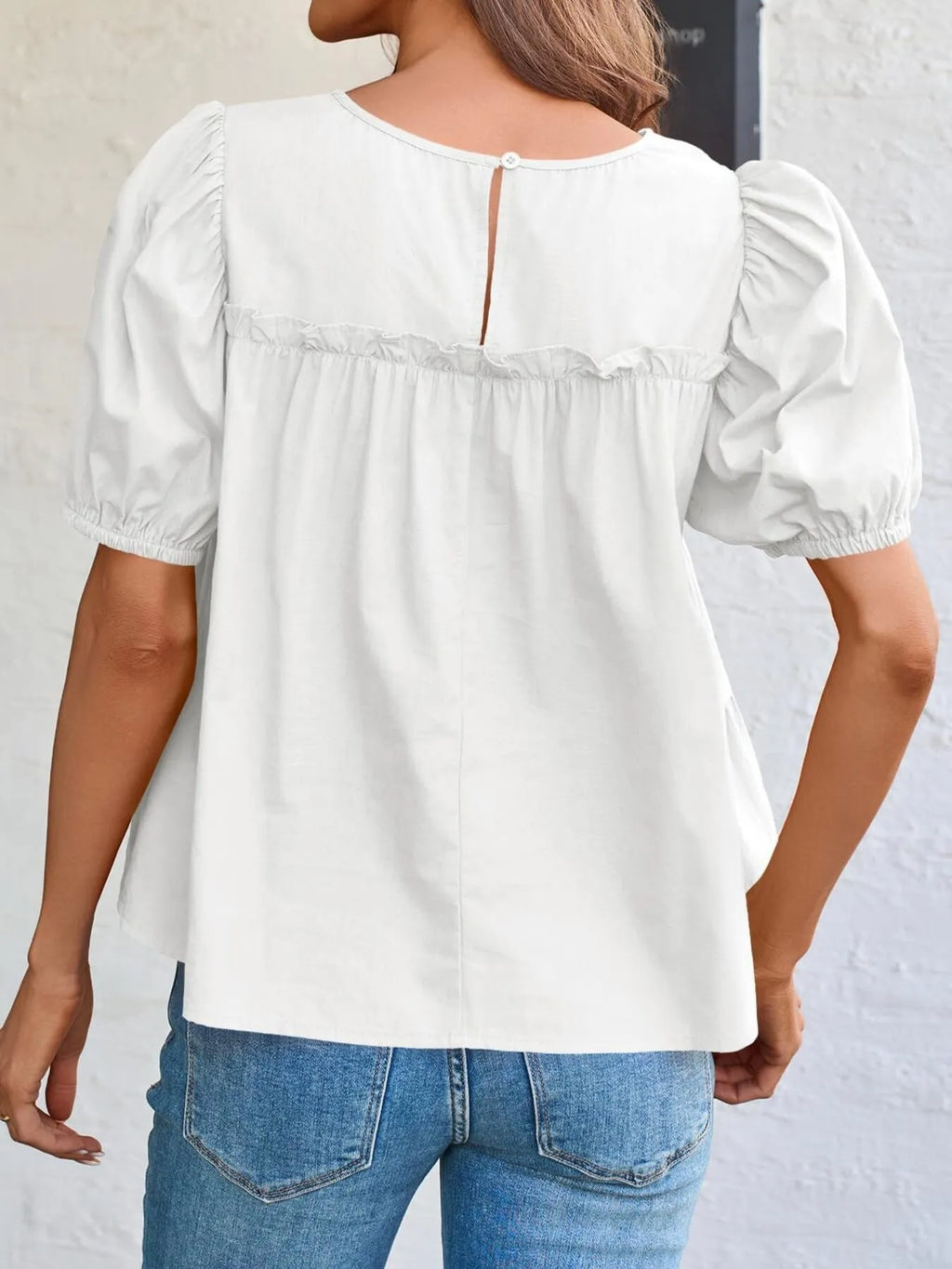 Tiered Round Neck Puff Sleeve Ruched Blouse (2)