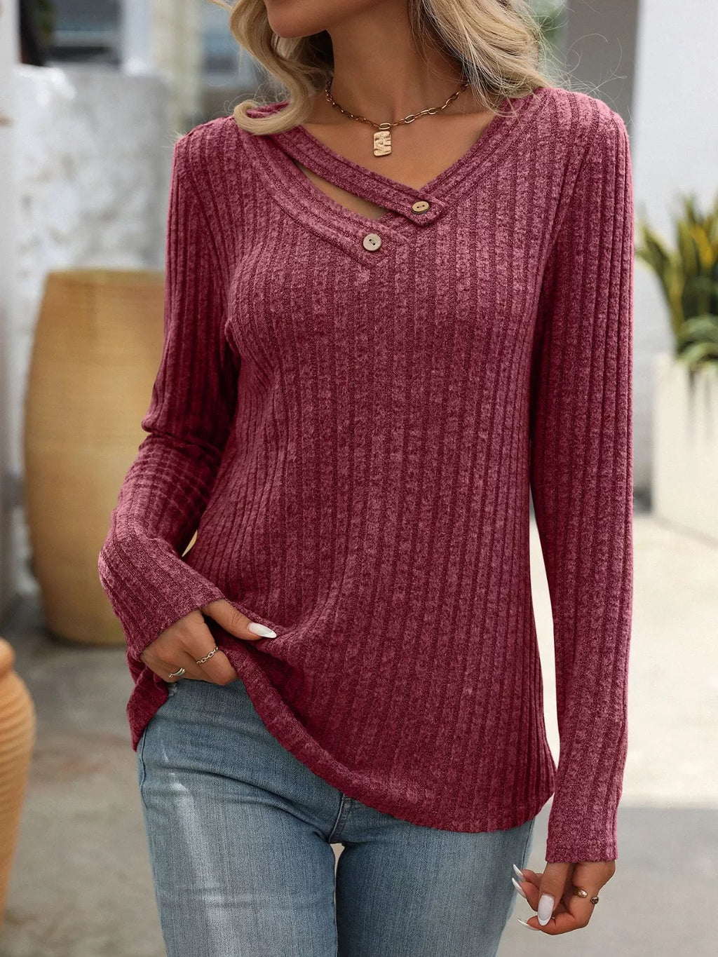 Ribbed Knit Long Sleeve Button Detail T-shirt (19)