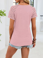 Lace Sleeve V-neck Waffle Knit T-shirt (24)