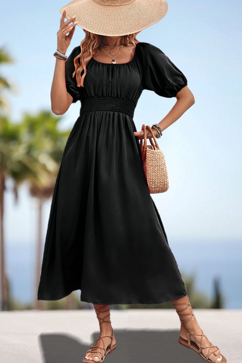Square Neck Smocked Waist Puff Sleeve Midi Dress (6)