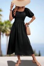 Square Neck Smocked Waist Puff Sleeve Midi Dress (6)