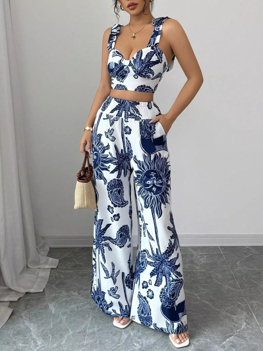 Floral Print Crop Top Wide Leg Pants Set