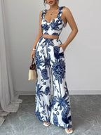 Floral Print Crop Top Wide Leg Pants Set