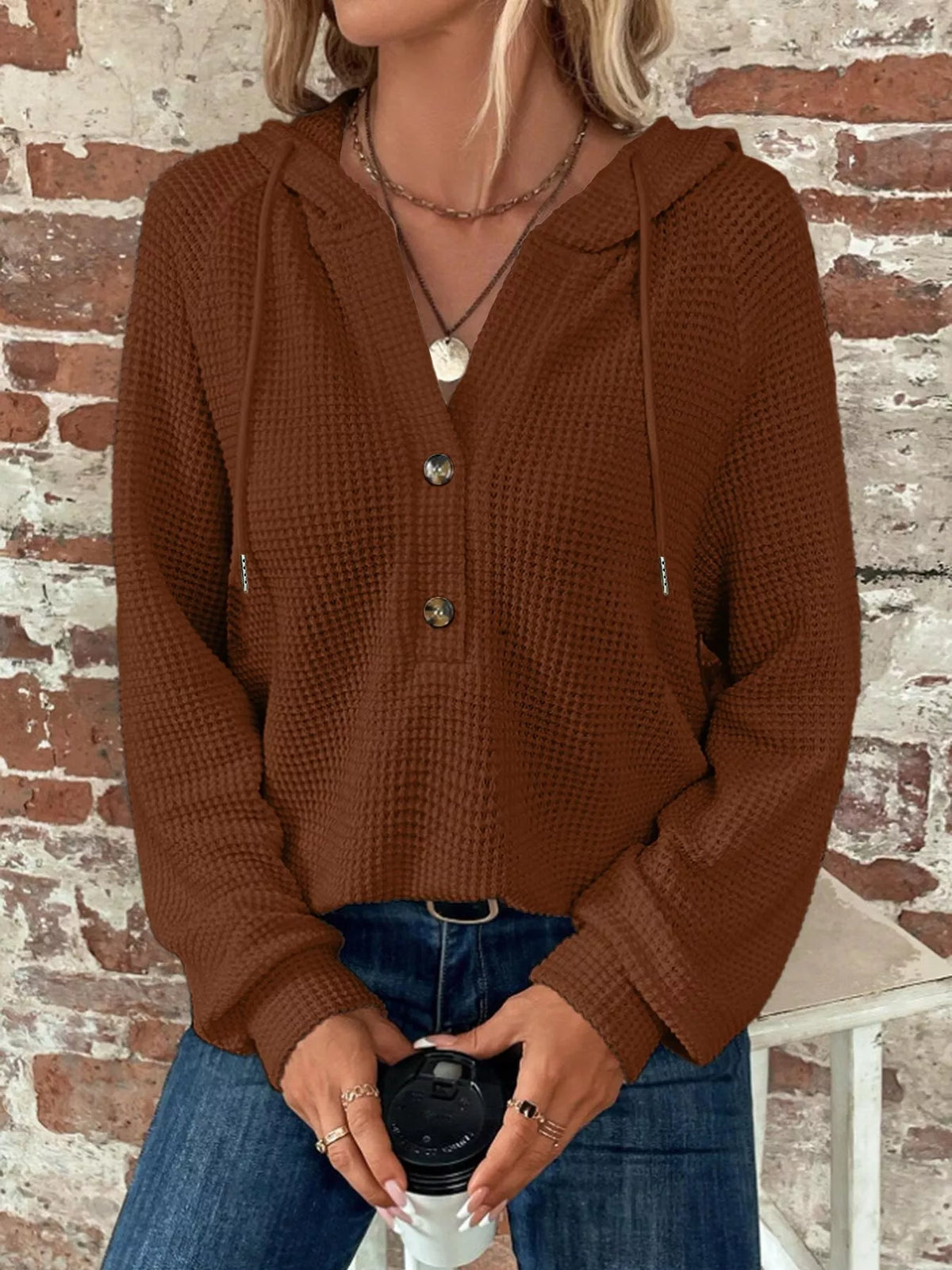 Waffle Knit Button Detail Hoodie (3)