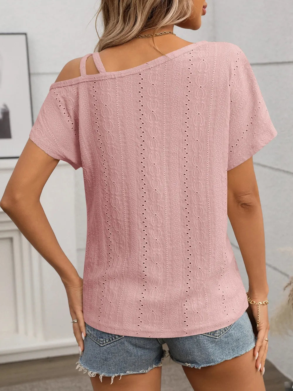 Eyelet Asymmetrical Shoulder Short Sleeve T-shirt (19)