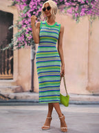 Striped Round Neck Sleeveless Midi Cover Up Dress (6)