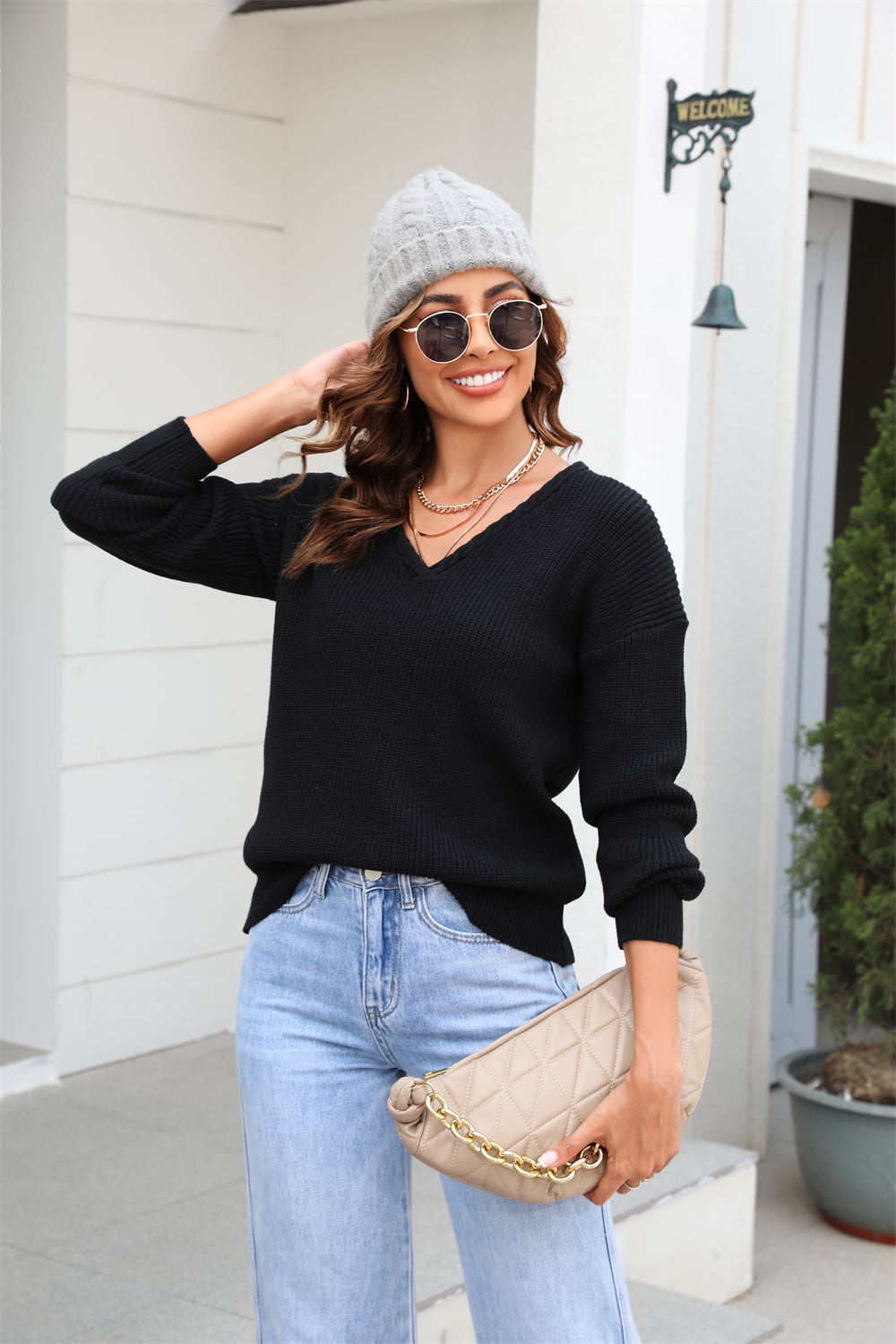 Ribbed V-neck Dropped Shoulder Knit Top (10)