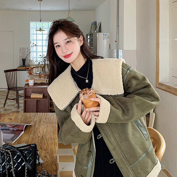 Korean-style Retro Green Suede Lambswool Coat photo 1