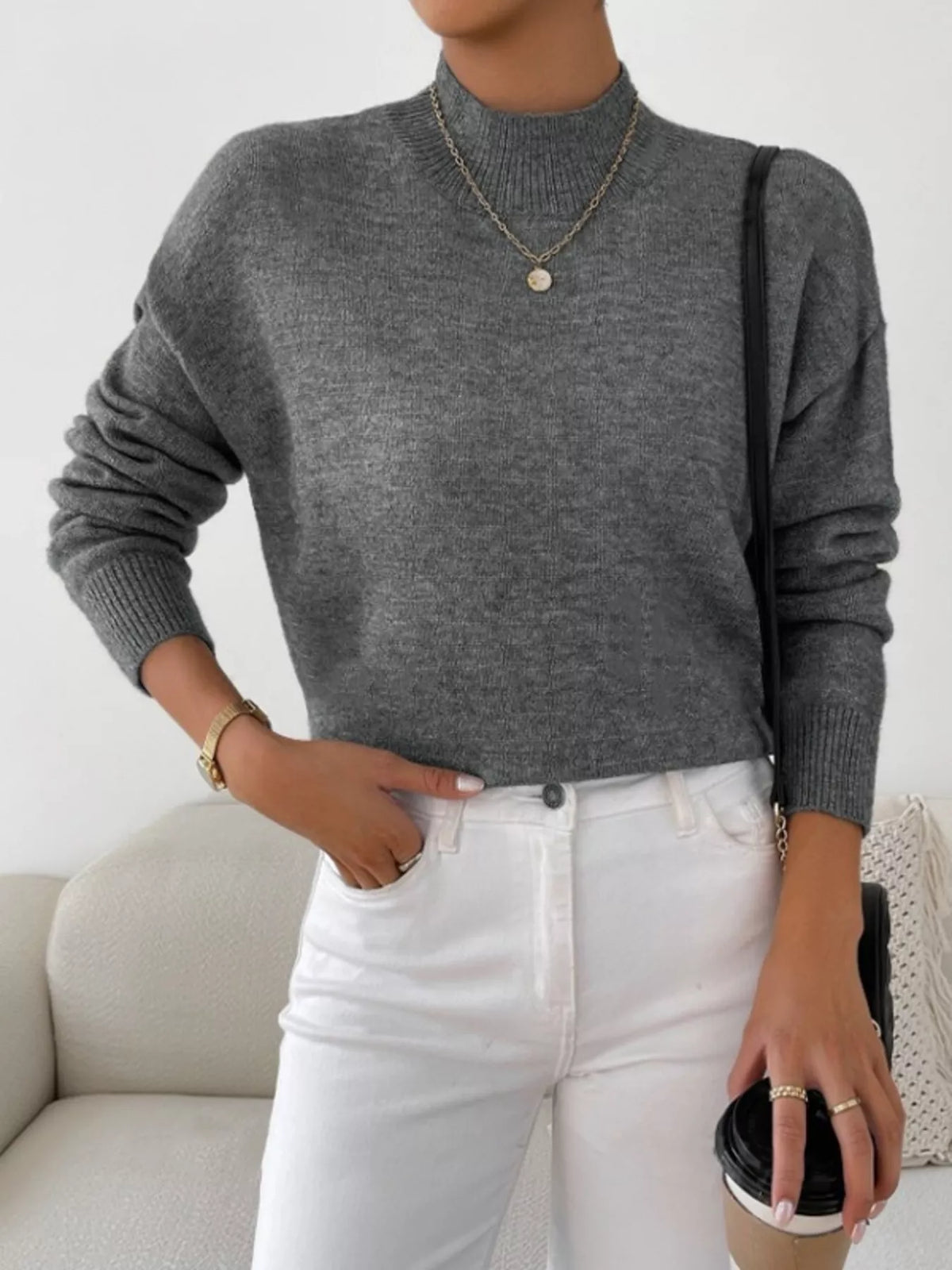 Mock Neck Dropped Shoulder Sweater (2)
