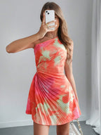Cutout Drawstring Pleated Tie-dye Sleeveless Mini Dress (6)