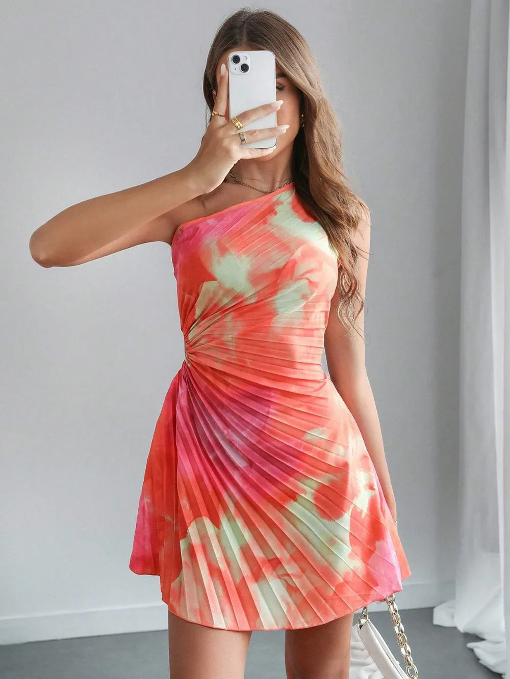 Cutout Drawstring Pleated Tie-dye Sleeveless Mini Dress (6)