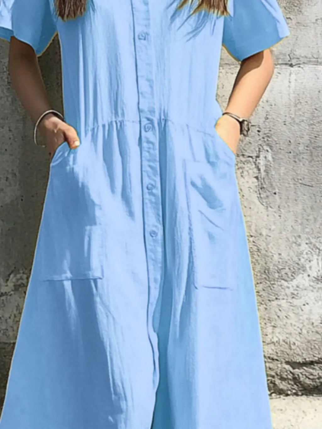 Button Front Short Sleeve Midi Dress (5)