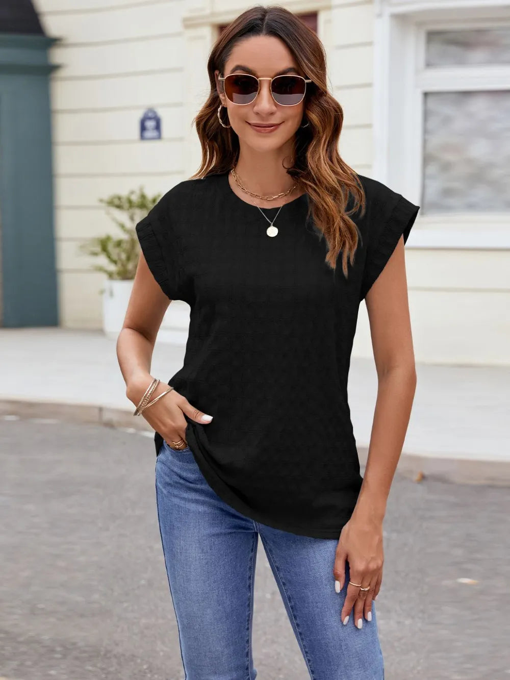Textured Round Neck Cap Sleeve T-shirt (26)
