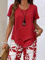 Layered Top Leaf Print Cropped Pants Set (6)