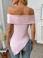 Ribbed Off-shoulder Asymmetrical Hem T-shirt (15)