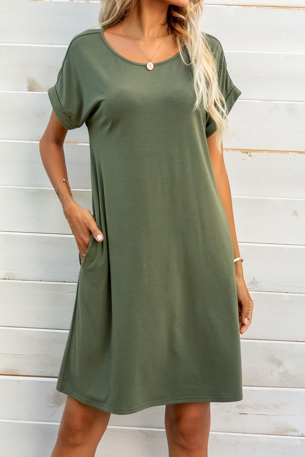 Scoop Neck Short Sleeve Pocket Dress (4)
