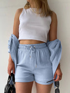 Texture Button Up Shirt Drawstring Shorts Set (15)