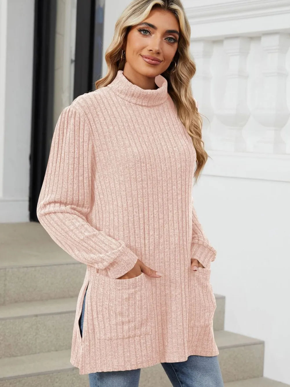 Slit Mock Neck Long Sleeve T-shirt (32)