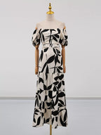 Off-shoulder Cutout Leaf Print Maxi Dress (3)