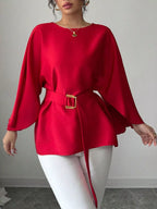 Round Neck Belt Batwing Sleeve Blouse (2)