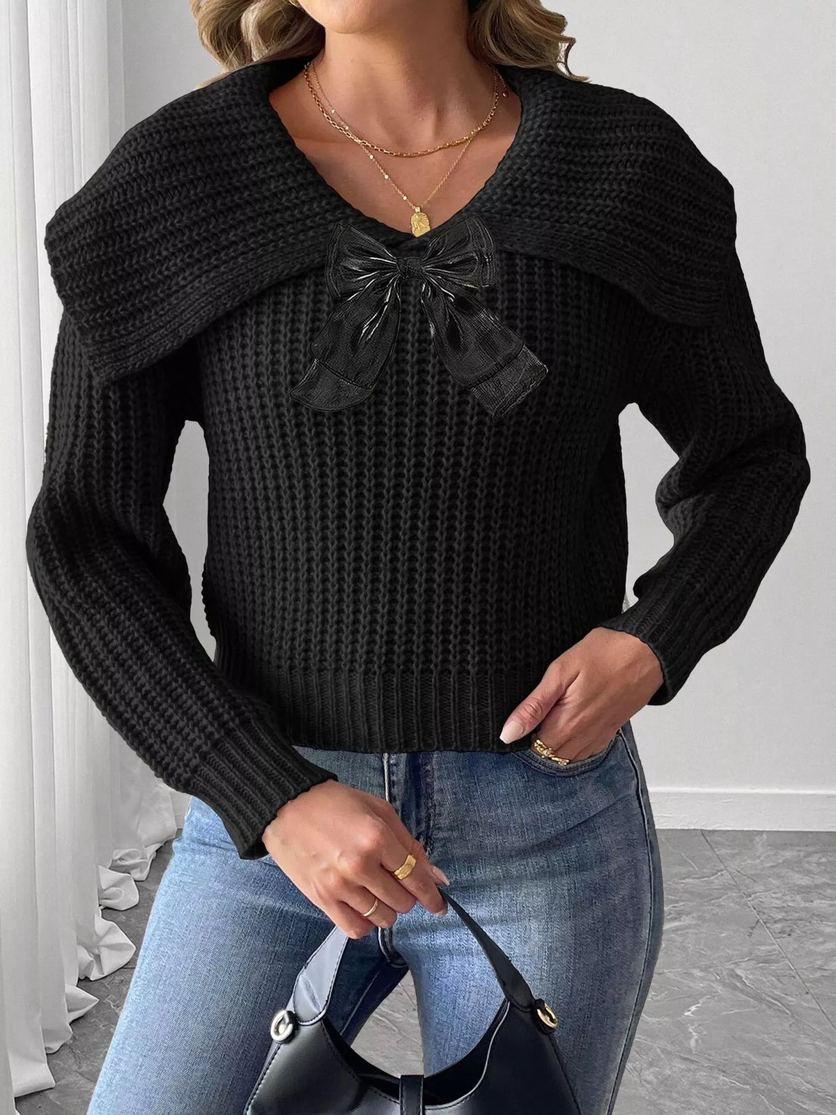 Contrast Bow Long Sleeve Sweater (6)