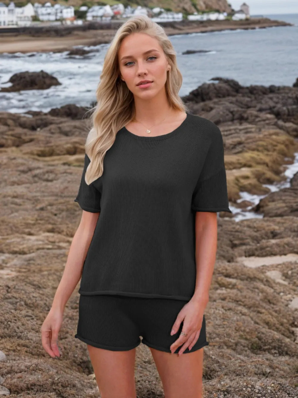 Round Neck Short Sleeve Top Shorts Sweater Set (21)
