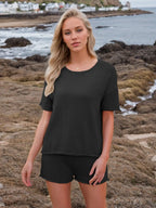 Round Neck Short Sleeve Top Shorts Sweater Set (21)