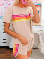 Rainbow Striped Round Neck Top Shorts Set (14)