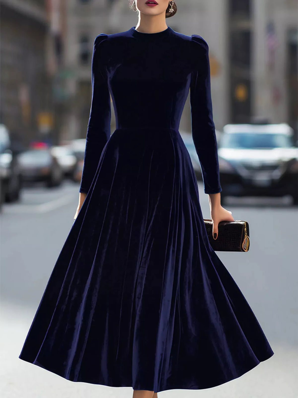Velvet Long Sleeve A-line Dress