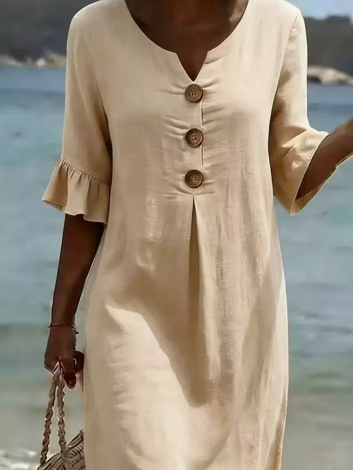 Full Size Button Decor Ruffle Sleeve Midi Dress Plus (8)