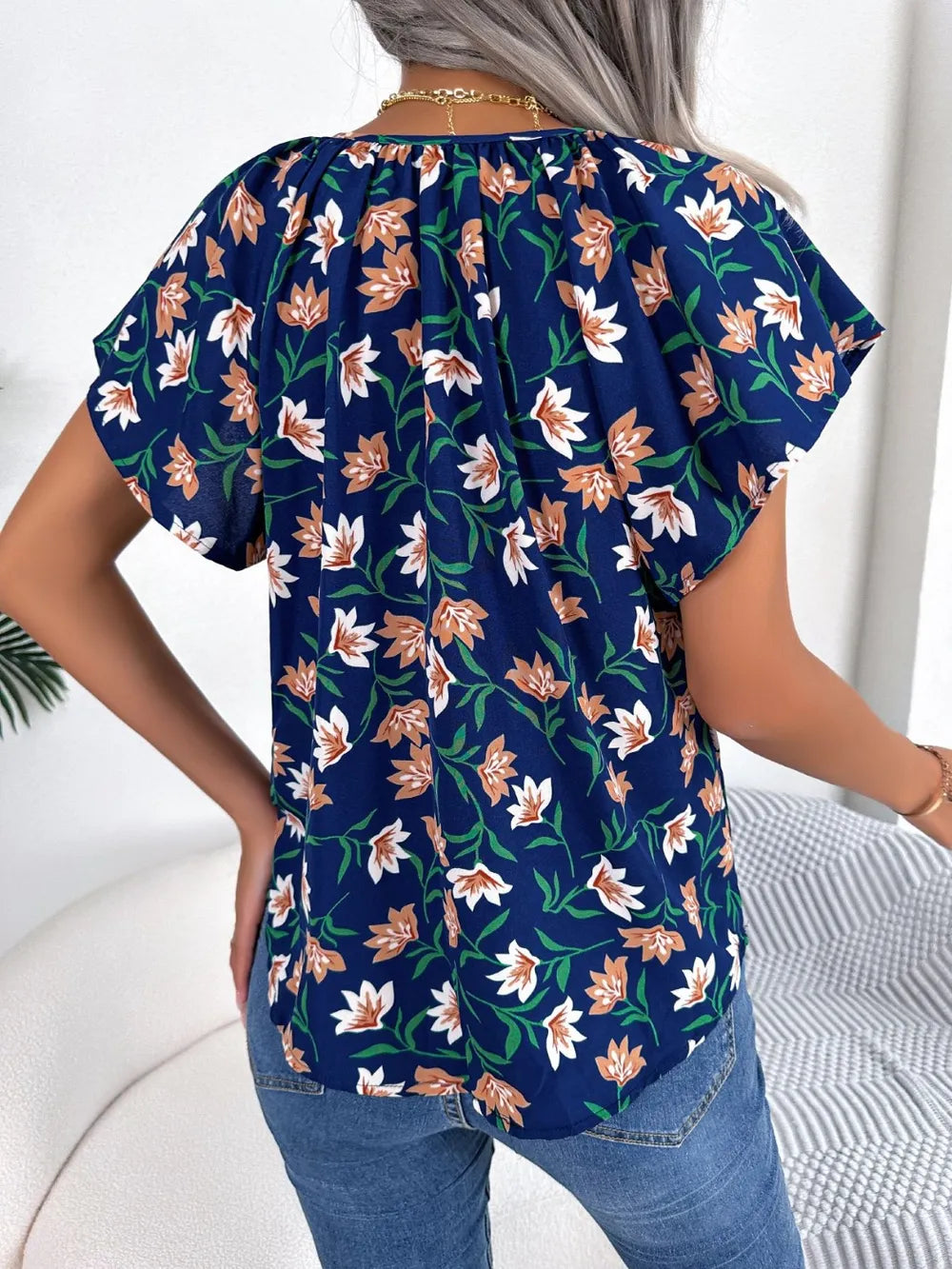 Floral Tie Neck Flutter Sleeve Blouse (12)