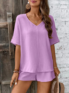 V-neck Half Sleeve Top Shorts Set (18)