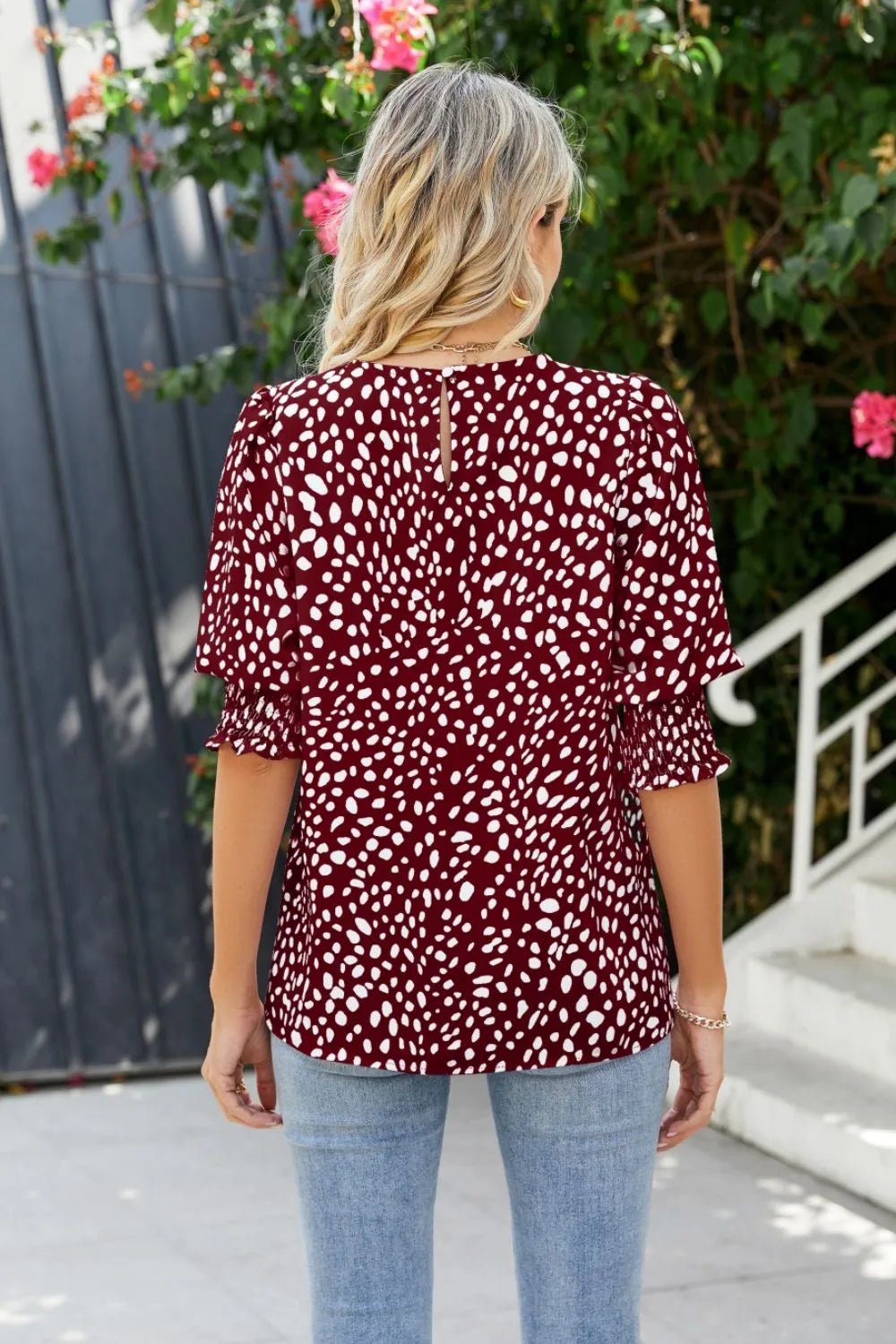 Polka Dot Round Neck Lantern Sleeve Blouse (11)